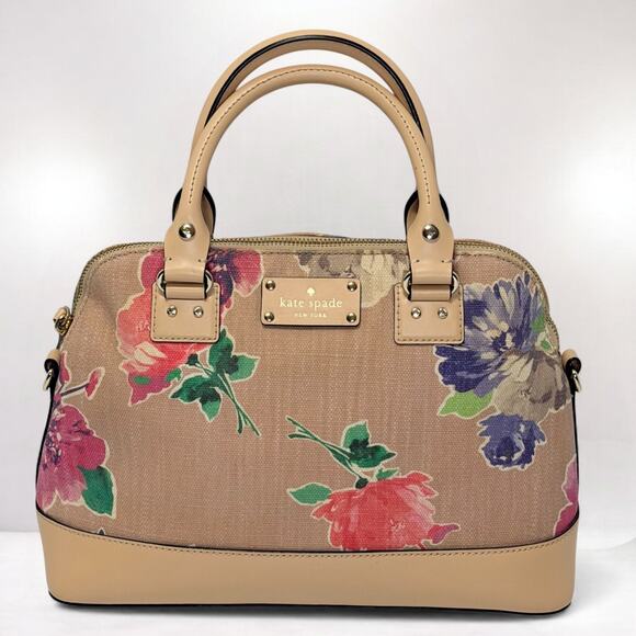 Kate Spade Floral Satchel Crossbody Handbag Beige Linen Jute Canvas Leather Trim - Picture 4 of 12